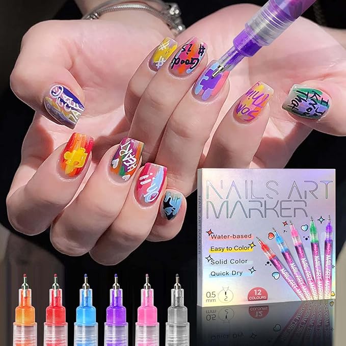 12 Colors Nail Art Pen Set,Nail Polish Pens Quick-Drying for Painting Nails,3D Acrylic Art Tools Dotting Liner Brush,Nails DIY Tools Beginners Christmas Gifts