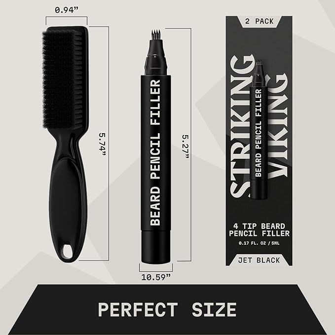 4 Pack Beard Filling Pen Kit with 4 Tips - Waterproof Beard Pencil for Men, Fill, Shape & Define with Brush - Striking Viking (Jet Black)