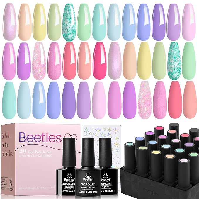 Beetles Pink Gel Nail Polish Set, 20 Color Macaron Colors Bright Pink Green Pastel Nail Polish Kit with Base Gel Glossy & Matte Top Coat Soak off Uv Nail Art Valentines Gifts for Women