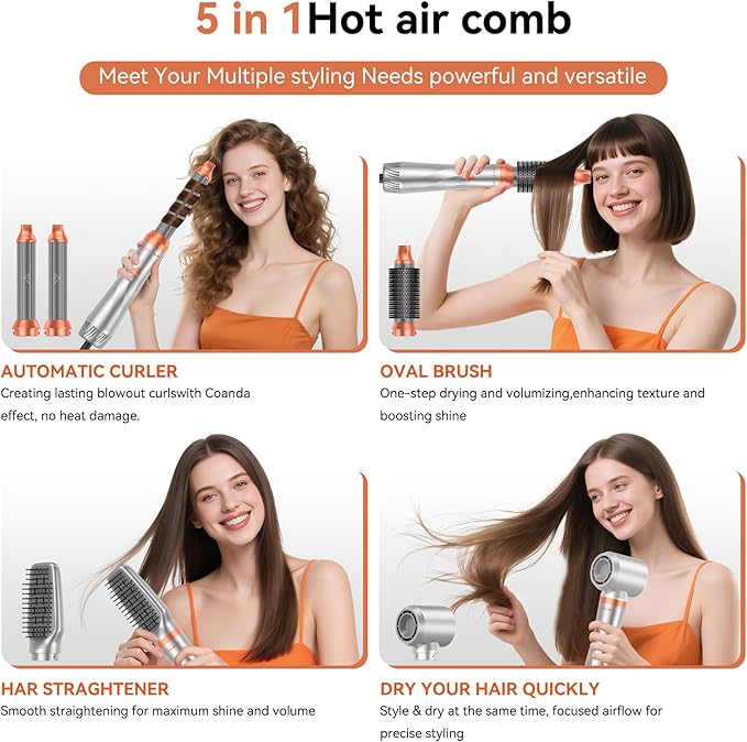 5 in 1 Blow Dryer Brush,110-120V Hair Dryer Brush, Fast Drying & 3 Adjustable Temperatures Hot-Air Hair Brushes, Detachable Hair Styler Set for Curling/Volumizing/Straightening/Styling (Silver-Orange)