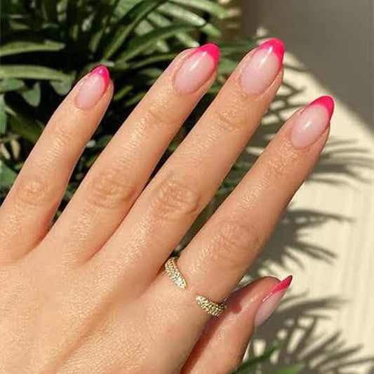 Modelones French Tip Press on Nails Short, Oval Fake Nails, Reusable Nail Kit with Nail Glue Adhesive Tabs Mini Nail File, Nails Press Ons 32Pcs 16Sizes, Women Girl Gift, Hot Pink, Valentines