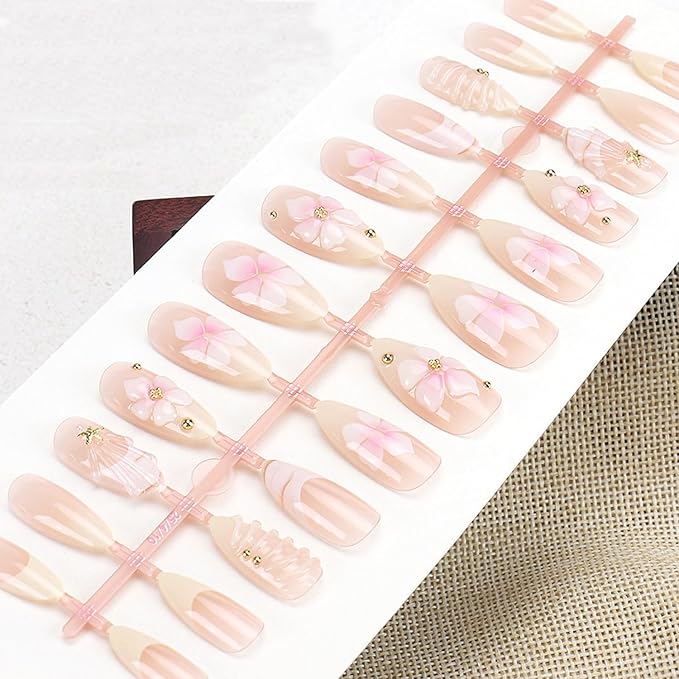 24Pcs Flower Press on Nails Almond for Summer, Ocean Star Shell Pearl Design Floral Fake Nails French Wear Medium Press Ons Nude Stick on Nails False Nails Set for Women