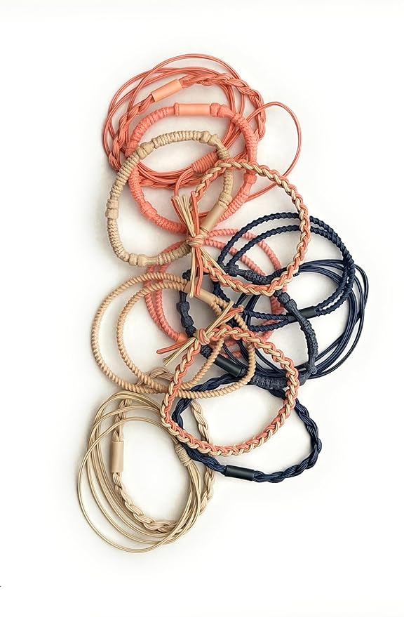 Coiffed + Co. Stacked Bracelet Hair Ties (Color: Linen, Peach, Navy) 14 Count, Hair Ties for Women, No Damage Hair Elastics, Hair Bands, Ponytail Holders, Ties for Thick and Thin Hair, Holiday Gift