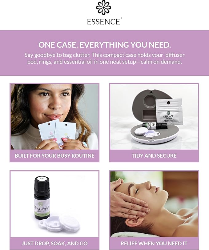 Essence Pearl Travel Case - Wearable Aromatherapy Kit with Nasal Diffuser Rings, Soaking Bay, and 5mL Essential Oil – Portable Wellness Gift Set for On?The?Go Self Care