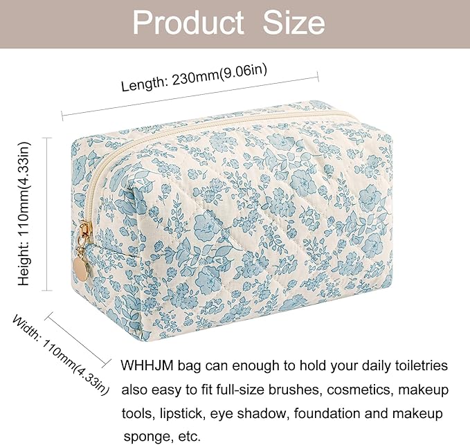 Cute Floral Makeup Bag Small Cotton Quilted Cosmetic Bag, Aesthetic Essential Bag Emergency Bag Gift for Women Girls Travel Accessories (Blue Floral)