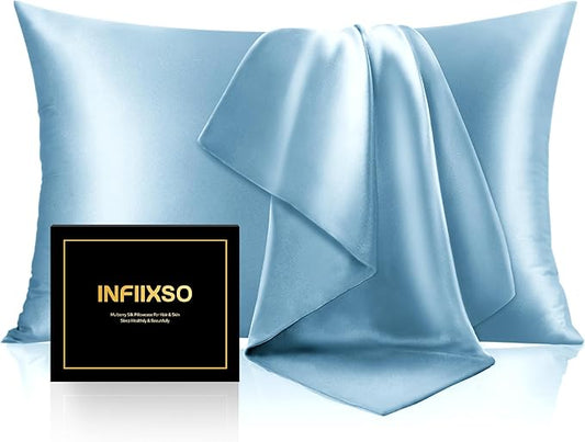 INFIIXSO Silk Pillow Cases 2 Pack Standard Size, Ultra Smooth & Soft Mulberry Silk Pillow Case for Hair and Skin, Breathable Cooling Silk Pillowcase with Hidden Zipper (Light Blue, 20x26 Inches)