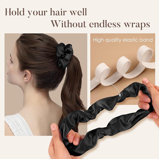 LULUSILK Silk Scrunchies for Hair Sleep, 100% Real Mulberry Silk, No Damage Hair Ties for Women and Girls, Black White and Lotus Pink, Pack of 3