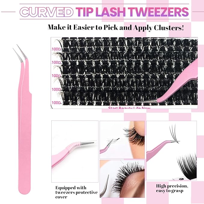 Qiveaory DIY Lash Extension Kit 684pcs Lashes Clusters Thick D Curl Eyelash Extension Kit with Lash Bond and Seal,Eyelash Remover Tweezers Brush(10-18mm,50D+60D+80D+100D) DIY at Home