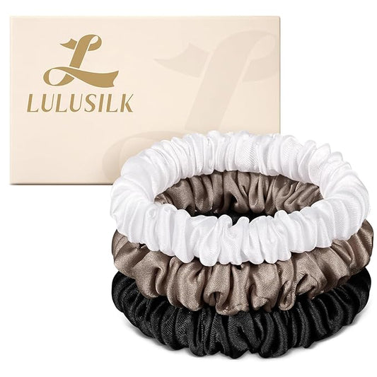 LULUSILK Small Silk Hair Ties No Damage, 100% Real Mulberry Silk, Skinny Scrunchies Ponytail Holders for Thin Fine Hair, Black White and Brown, Pack of 3