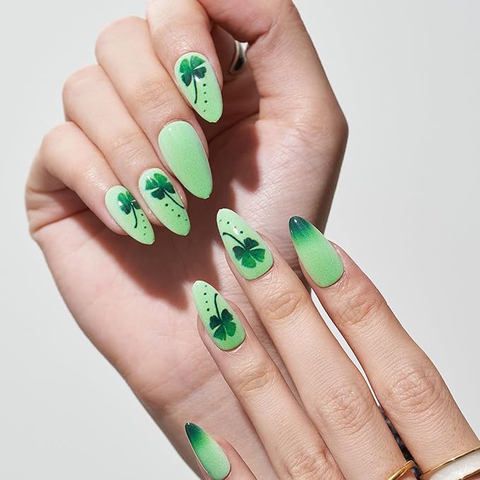 GLAMERMAID Press on Nails Medium Almond, Spring Summer Green Four-Leaf Clover Gel Glue on Nail, 24Pcs Glossy Short Stiletto Reusable UV Finish Fake Nails Acrylic False Nails Manicure Kits for Women