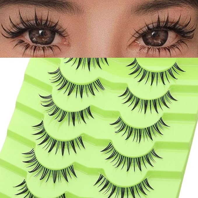 outopen 7 Pairs Manga Lashes Natural Look False Eyelashes Wispy Spiky Anime Lashes Korean Japanese Asian Style Cosplay Fake Eyelashes with Clear Band