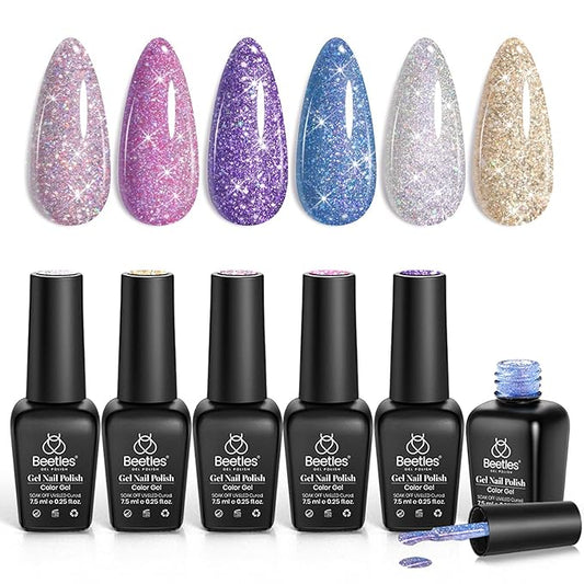 Beetles Reflective Glitter Gel Nail Polish Kit Winter Gel Polish 6 Colors Holographic Sparkle Flash Dimond Sliver Gold Soak Off UV LED Manicure Gift for Women Girls Midnight Sparkling