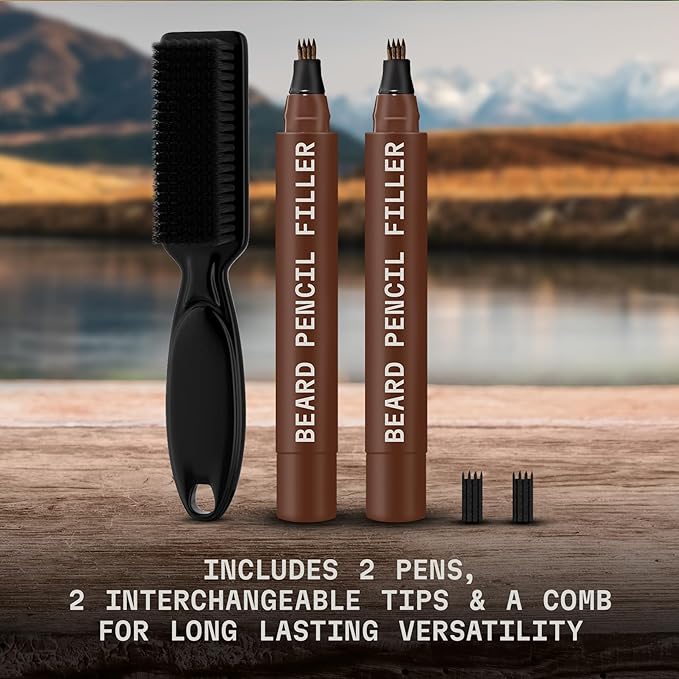 Striking Viking Beard Pencil Filler Pen - Pack of 2, Dark Brown, Travel Size - Beard Filler for Men - Micro-Fork Tip Mustache Pen - Sharp Hairline Edges with Hairline Pencil