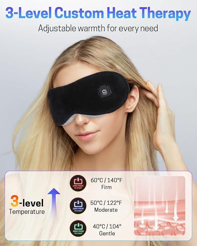 Heated Eye Mask for Dry Eyes, Stye Relief and Improved Sleep - Cordless Rechargeable Warm Compress with Graphene Heating, 3 Temp Settings, Auto Shut-Off, Washable Sleep Mask for Travel