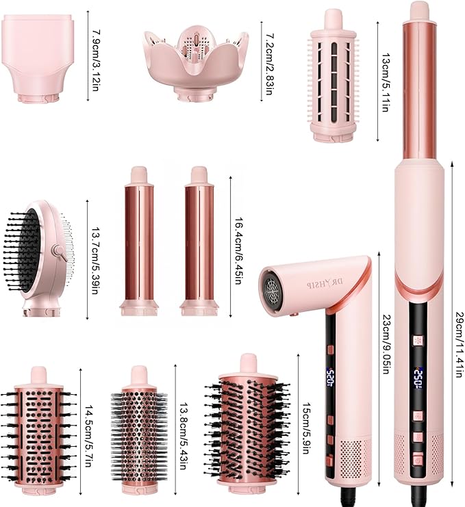 9 in 1 Hair Styler & Air Dryer Brush Curler, 110,000 RPM High-Speed Negative Ionic Foldable Hair Dryer Fast Drying, Multi Professional Hot air Styler for Curling Volumizing Straightening Styling(Pink)