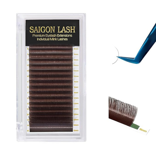 SAIGON LASH Eyelash Extensions, Mink Lash, Volume & Classic Lashes for Professionals, J/B/C/CC/D/L/M Curl, 4-15mm Length, Soft Korean PBT Fiber, 16 Rows Lash Tray (Dark chocolate-CC-0.05-8-15mm)