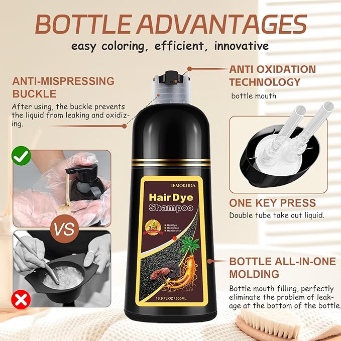 Instant Dark Coffee Hair Dye Shampoo for 100% Gray Hair Coverage, Natural Herbal Hair Color Shampoo Hair Dye, 3 in 1 Coloring & Care Formula Lasts 3-4 Weeks, Easy & Quick to Use for Women Men, 500ML
