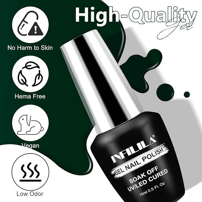 NXJ INFILILA Green Gel Nail Polish, 15ml 0.51oz One-Stroke Coloring Dark Green Gel Nail Polish, Hema Free Forest Color Soak Off UV LED Manicure DIY for Women Girls SQ067