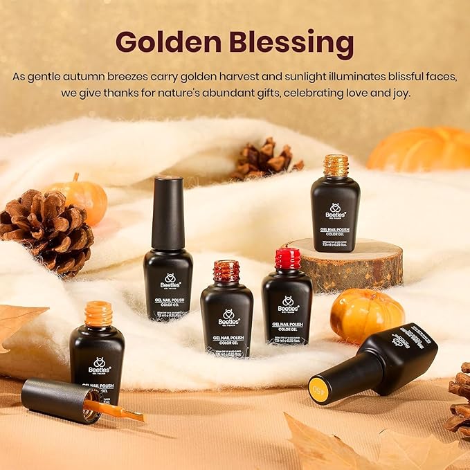Beetles Fall Gel Nail Polish Set 6 Colors Gel Polish Red Orange Brown Gold Glitter Kit DIY Home Nail Art Manicure Kits UV LED Needed Gifts for Women Golden Blessing