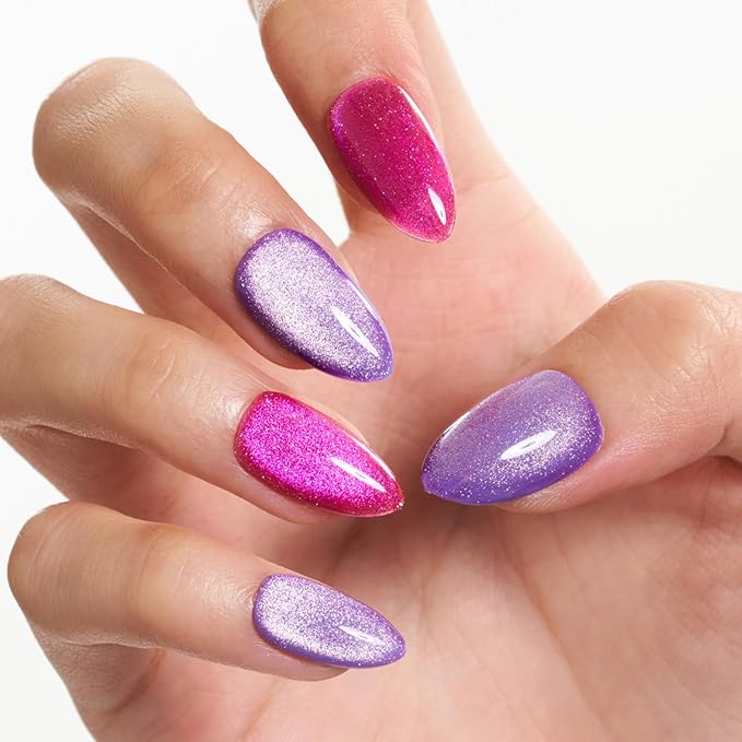 GLAMERMAID Hot Pink Purple Magnet Cat Eyes Press On Nails Short Almond, Aurora Magnetic Handmade Soft Jelly Gel Fake Nails, Round Oval Stick Glue on Nail Kit for Women, Reusable Acrylic False Nail Set