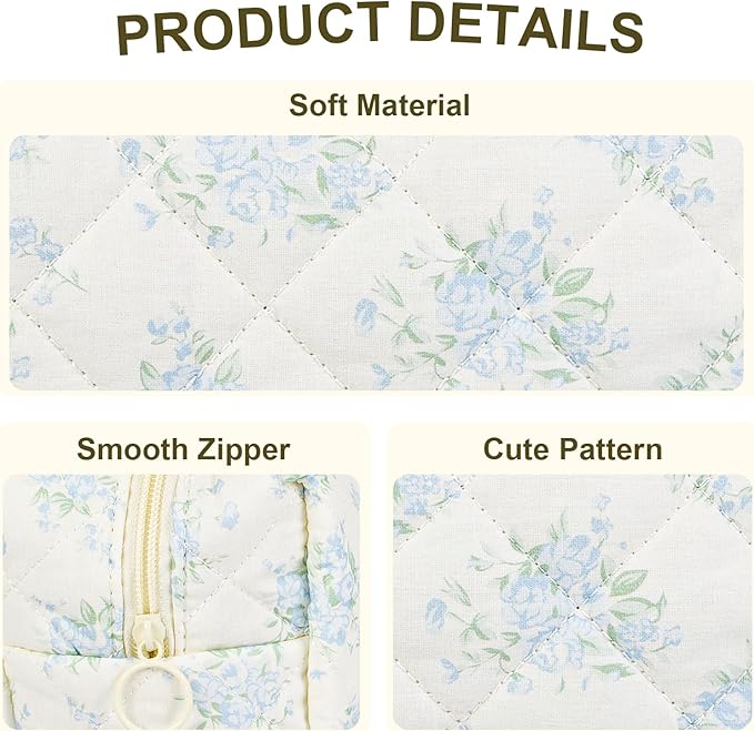 Quilted Makeup Bag Floral Cotton Make up Bag Puffy Coquette Makeup pouch Aesthetic Cute Travel Toiletry Bag for Women Girls