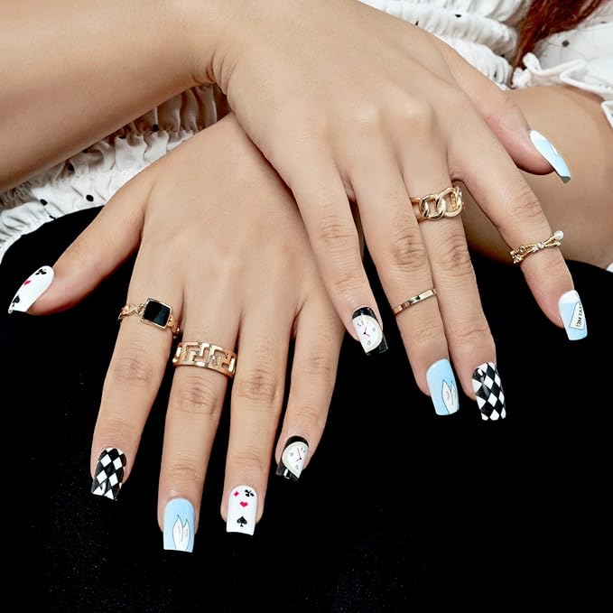 GLAMERMAID Dark Blue White Ombre Press on Nails Medium Square, Oil Painting Glossy Gel Stick on Fake Nals Short Square, Neutral Glue 0n Nails Kit for Women, Reusable Acrylic False Nails Manicure Set