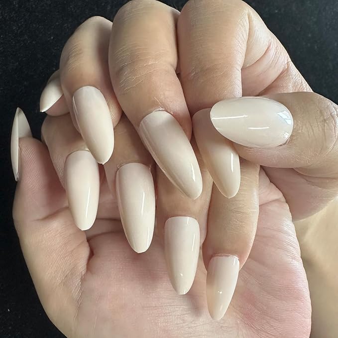 JONKASIPA French Tip Fake Nails - Flesh Pink Almond Press-On Nails, Acrylic Artificial Nails, Includes 32 Pieces of Nail Stickers Set Designed for Women