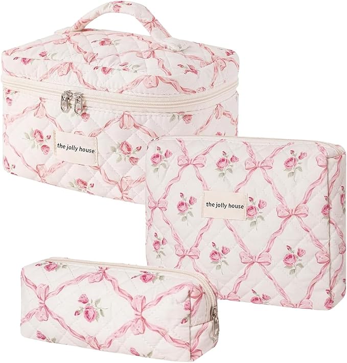 LAKSMI 3PCS Cotton Quilted Floral Makeup Bag Set for Women, Cute Make Up Bags with Brush Pockets, Large Wide-Open Toiletry Pouch Gifts for Toiletries Accessories Travelling Essentials