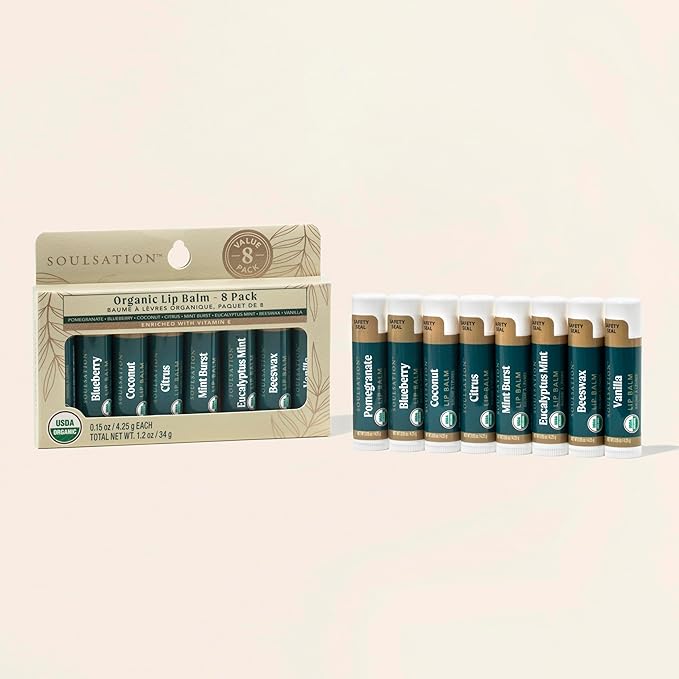 Organic Lip Balm Set, 8 Flavors - Hydrating for Cracked & Dry Lips, For Men & Women, Enriched with Vitamin E