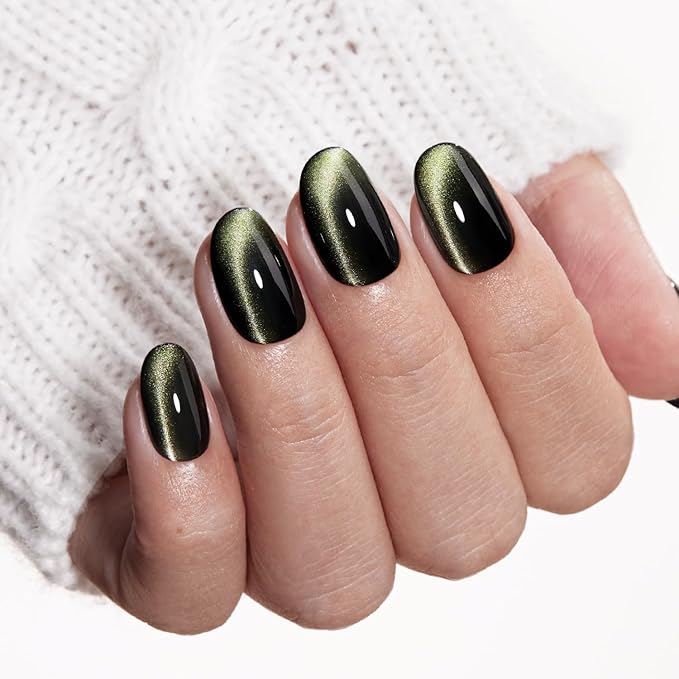 VSALON Press on Nails Short Oval - Dark Green Cat Eye Holographic Glitter Fake Nails Valentines Gifts for Woman, Reusable Opaque Gel Glue on Nails with Glue & Cuticle Oil - 32 PCS Stick on Nails in 16