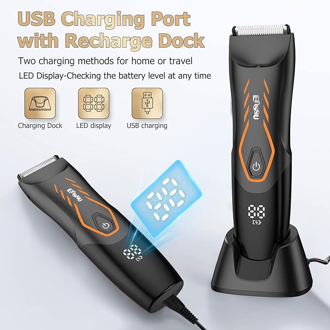 ENSSU Manscape Body Hair Trimmer for Men, Pubic Groin Hair Trimmer for Men with Safe Blade,Cordless Ball Shaver w/Light, Charging Dock,Waterproof Body Groomer Man,LED Display,1H Charge,Orange