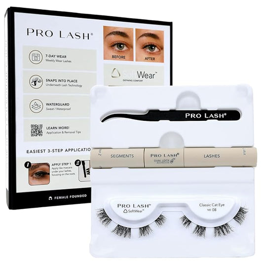 Pro Lash SoftWear Mini Lash Clusters Kit - Seamless, Lightweight Lashes - 7-Day Cluster Eyelash Extensions - False Eyelashes Plus Adhesive and Tweezers - Classic Cat Eye No. 08 Black