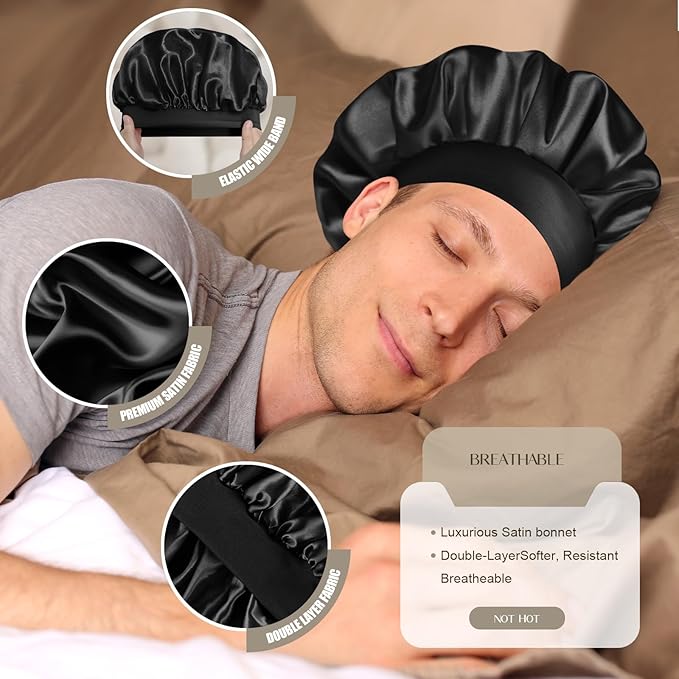 Satin Silk Bonnet for Men & Women, Double Layer Silk Sleep Bonnets, Soft Satin Lined Bonnet for Curly & Natural Hair