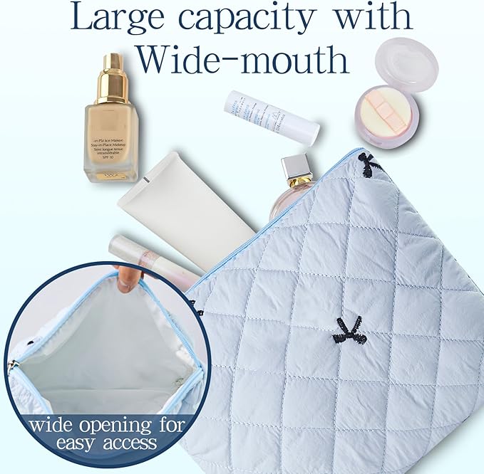 Makeup Bag, 3 PCS Quilted Makeup Bag, Cute Floral Cotton Cosmetic Bag set, Coquette Makeup Pouch Large Travel Toiletry Bag