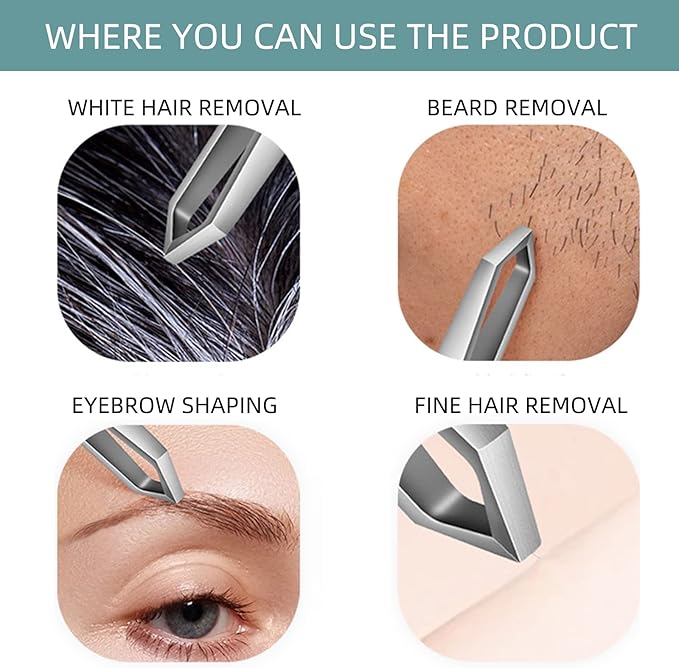AUSOMTEK Beard & Hair Plucking Tweezers, Fine Eyebrow Tool, Stainless Steel, 10mm Tip, Anti-Slip Slot Design, Cyan PU Case