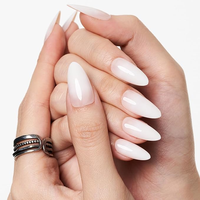 GLAMERMAID Press on Nails Medium Almond, White Ombre Gel False Nails, Glossy Short Stiletto Nude Glue on Nails Kit for Women, Reusable Short Oval Stick on Acrylic UV Finish Fake Nails Manicure Set