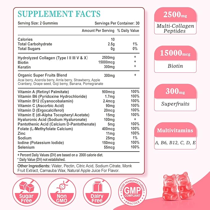 Vazatisi 2 Pack Sugar Free Collagen Gummies for Women Men, Multi Collagen Peptides Gummies Type I II III V X with Biotin Vitamin A B C D E for Hair Skin Nails, Strawberry Flavor, 120 Count