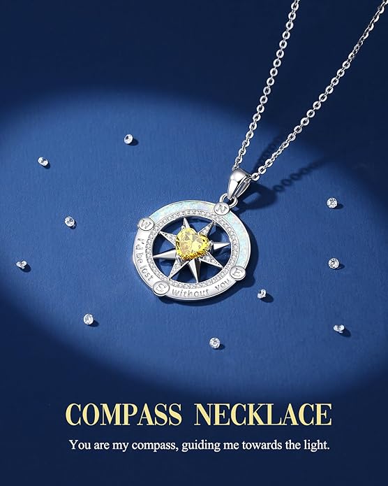 FANCIME Compass Necklace for Women Sterling Silver Compass Jewelry Opal Pendant Fine Jewelry Gemstone Birthday Christmas Gifts for Wife