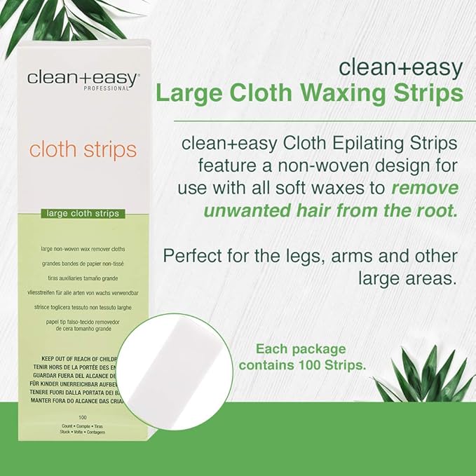 Clean + Easy Cloth Wax Strips – Non-Woven Wax Strips for Hair Removal, Salon and At-Home Use for Face, Legs & Body, 3”x9”, 100 Count