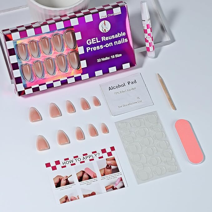 Peach Pink Ombre Press On Nails Short 16 Sizes Almond Fake Nails Glossy 32pcs, Nail Glue Included