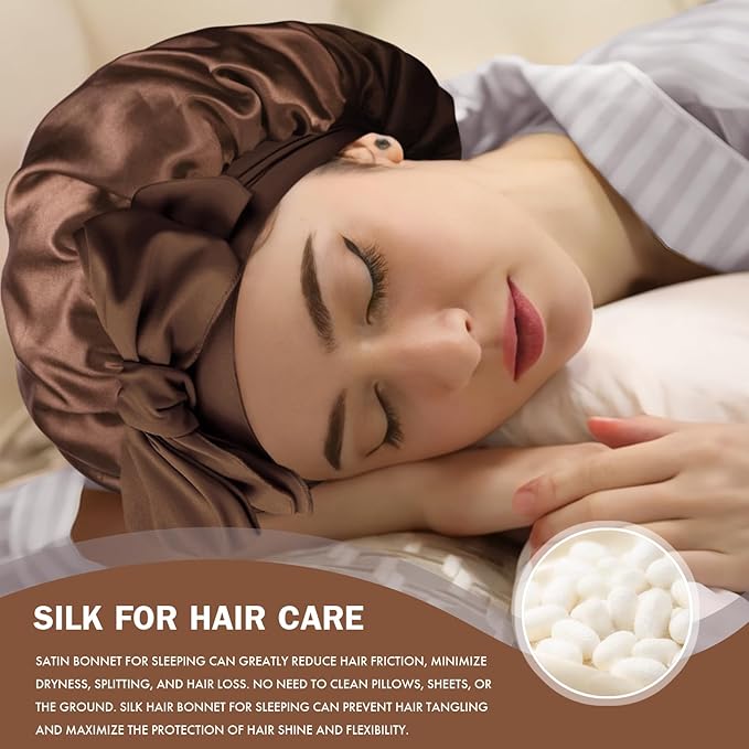 Silk Bonnet for Sleeping Women, Adjustable Soft Satin Lined Bonnet with Tie Band, Double Layer Sleep Night Cap