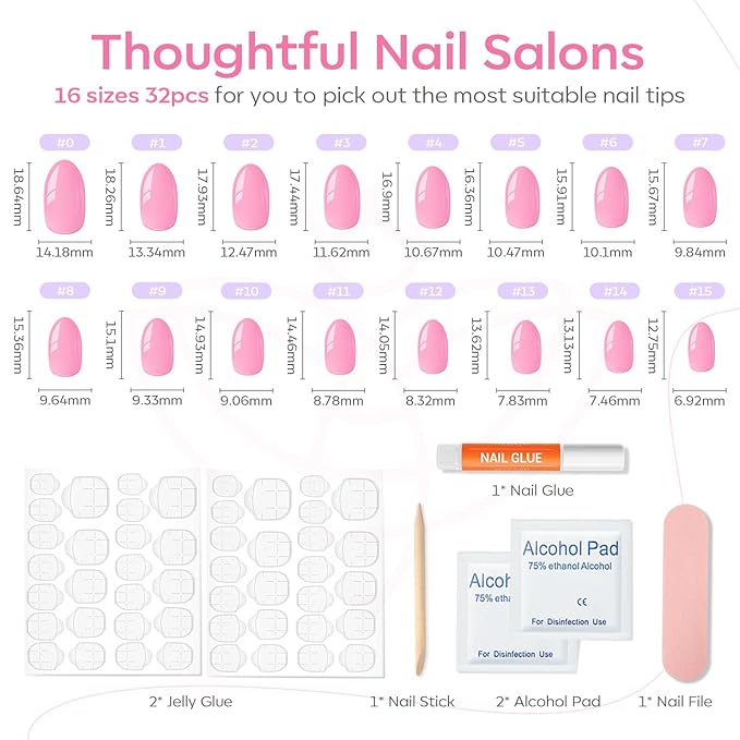 modelones Short Press on Nails, Oval Fake Nails Kit Press Ons with Nail Glue, Adhesive Tabs, Nail File, Prep Pad, Manicure Stick, Pink, 32Pcs 16 Sizes, Valentines