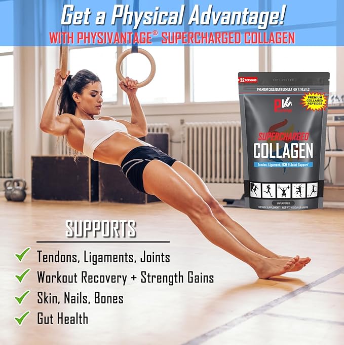 PhysiVantage Supercharged Collagen Peptides Powder - Hydrolyzed Collagen for Joint, Tendon, Ligament, & Skin Health Support - Vanilla, Keto, Paleo, 16oz | Enhanced with Vitamin C, BCAAs, Grass-Fed