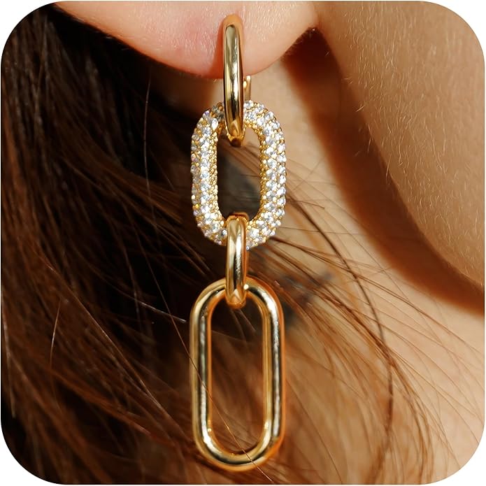 OZEL 14K Gold & Silver Plated Paperclip Chain Earrings with Cubic Zirconia – Dangle, Hoop, Huggie, Stud Styles – Women’s Fashion Jewelry Gift