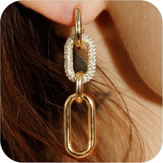 OZEL 14K Gold & Silver Plated Paperclip Chain Earrings with Cubic Zirconia – Dangle, Hoop, Huggie, Stud Styles – Women’s Fashion Jewelry Gift