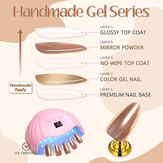GLAMERMAID Chrome Press On Nails Medium Almond, White Handmade Metal Fake Nails Stiletto, Glitter Glazed Donut False Nail Short Oval, Glossy Natural Reusable Acrylic Stick Glue on Nails Kit for Women