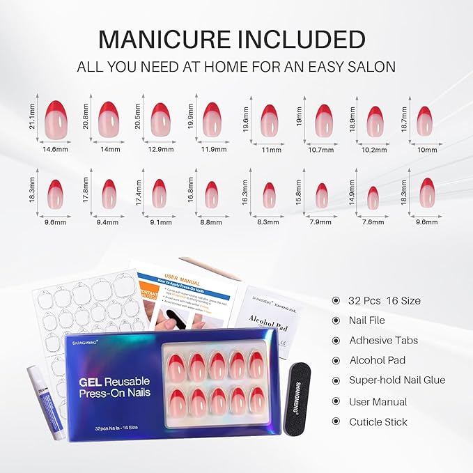SHANGMENG Red French Tip Press on Nails Short - Soft Gel Valentines Almond Nails for Women Gift, Fit Perfectly & Natural Glue on Nails with Glue in 16 Sizes - 32 Reusable Fake Nails, Red French