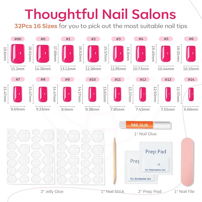 Modelones Press on Nails Short, Square Valentines Fake Nails, Reusable Nail Kit with Nail Glue Adhesive Tabs Mini Nail File, Nails Press Ons 32Pcs 16Sizes, Women Girl Gift, Chrome Pink