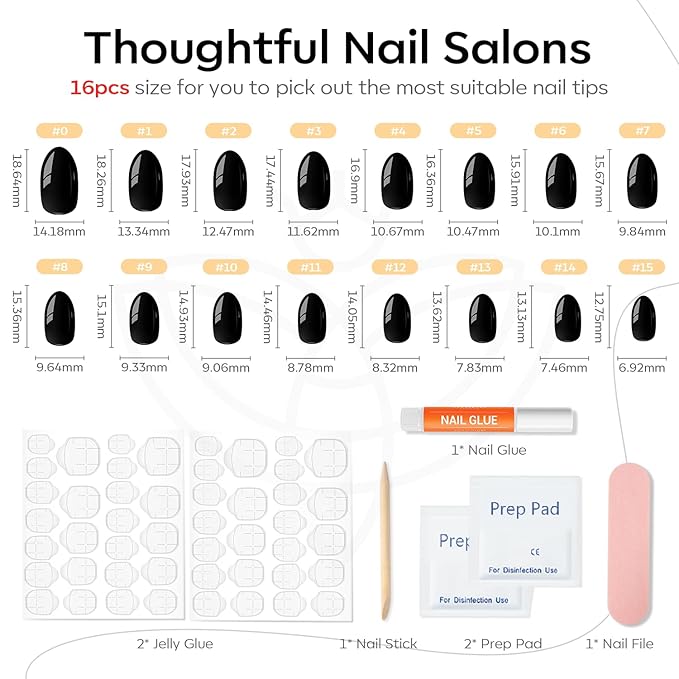 modelones Black Short Press on Nails, Oval Fake Nails Kit Press Ons with Nail Glue, Adhesive Tabs, Nail File, Prep Pad, Manicure Stick, 32Pcs 16 Sizes