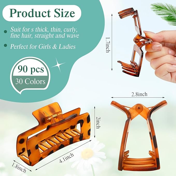 XunYee 90 Pcs Hair Clips Bulk Hair Claw Clips for Women Girls 4.1 Inch Large Rectangle Non-slip Square Strong Hold Jaw